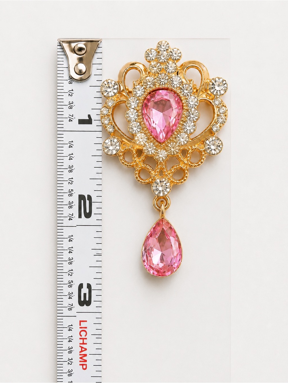 NWT Pink Rhinestone Dangle Brooch Pin Gold Tone Princess Crown Statement Brooch - Picture 5 of 6